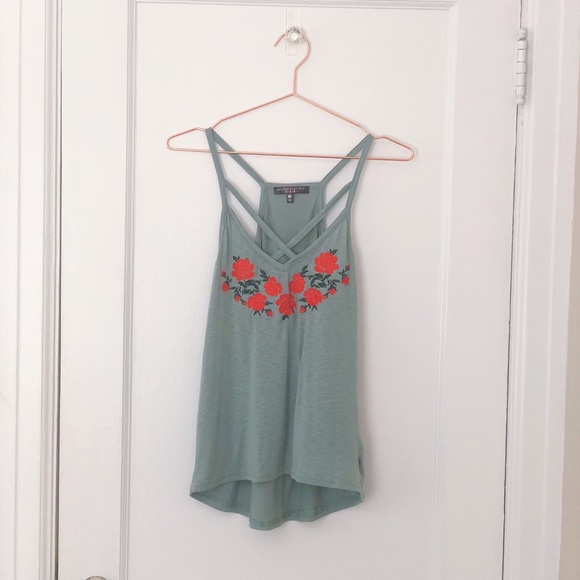 Seafoam Teal Green Strappy Tank Embroidered - Picture 3 of 5